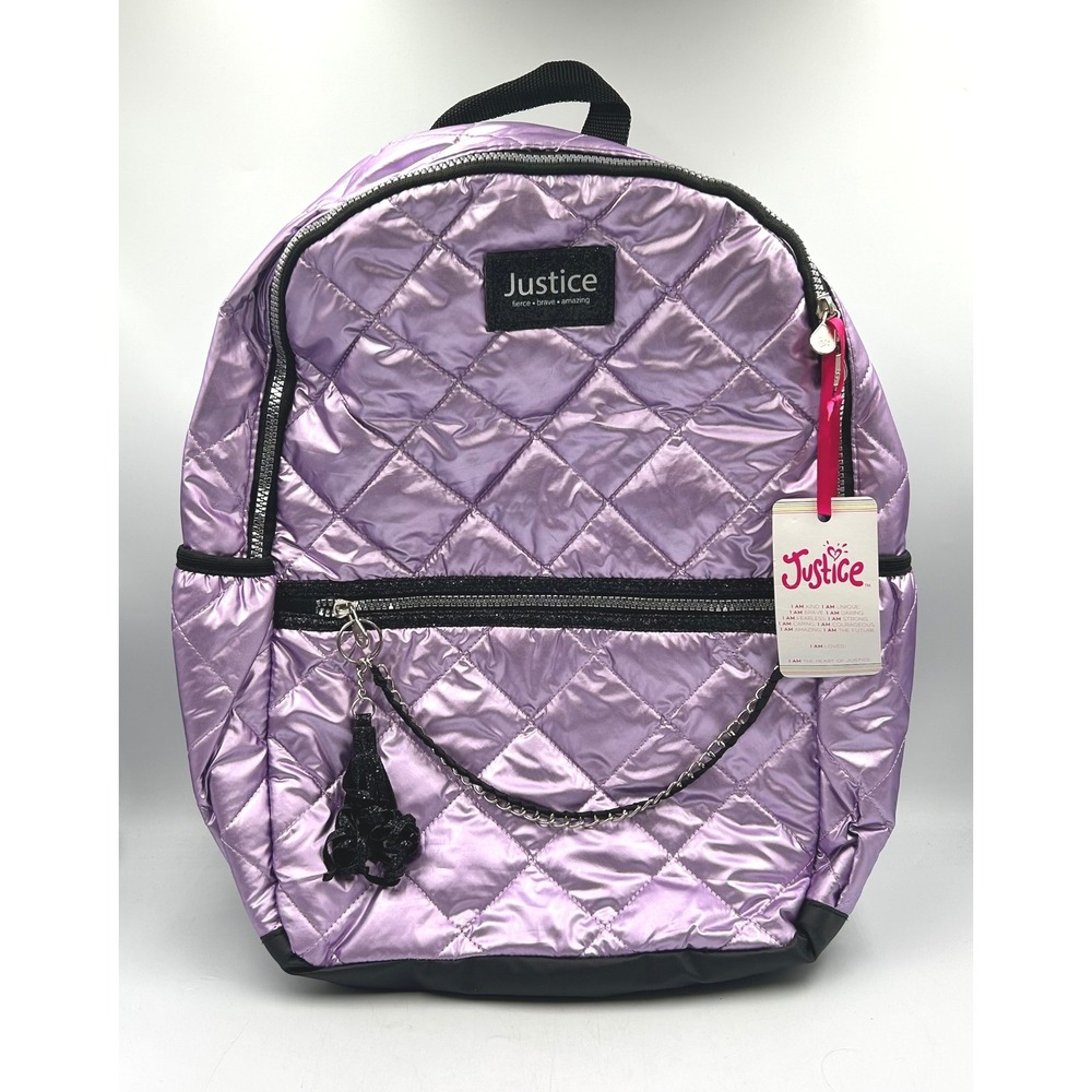 Justice Backpack Purple Girls Metallic Quilted Puffer NWT 13 W x 17 T x 3 D in